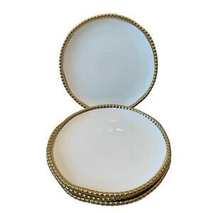 LA PINETINA Ceramic Appetizer Plates 8.5in Set of 4 White Gold Beaded Rim NEW